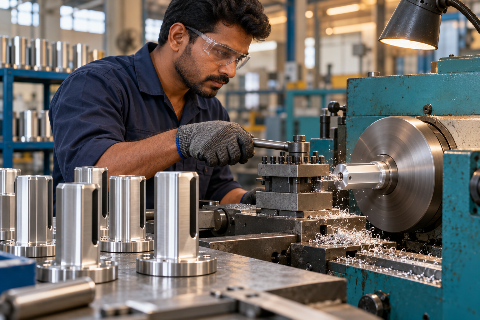 Illustrative workshop scene of a craftsperson machining an aluminium glass railing spigot